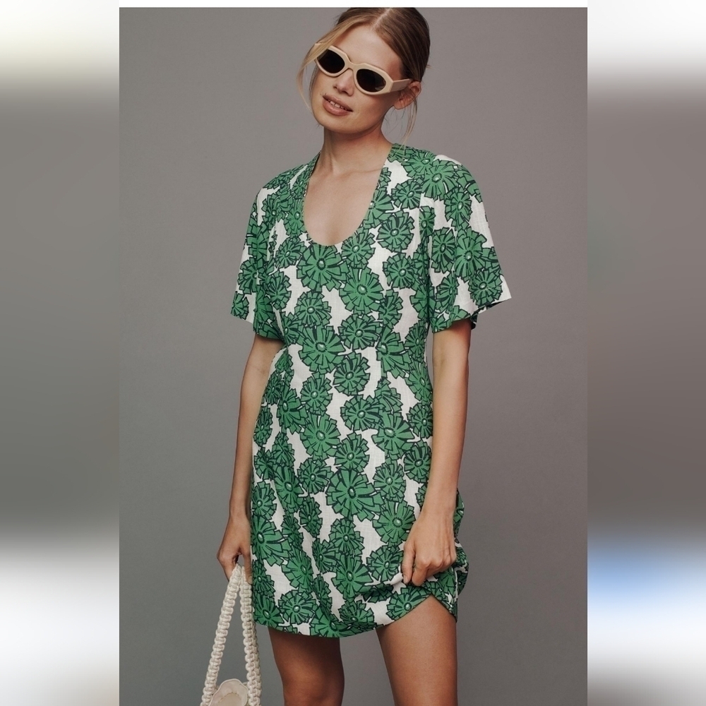Anthropologie Porridge Short-Sleeve Crew-Neck Linen Printed Mini Dress size XXS